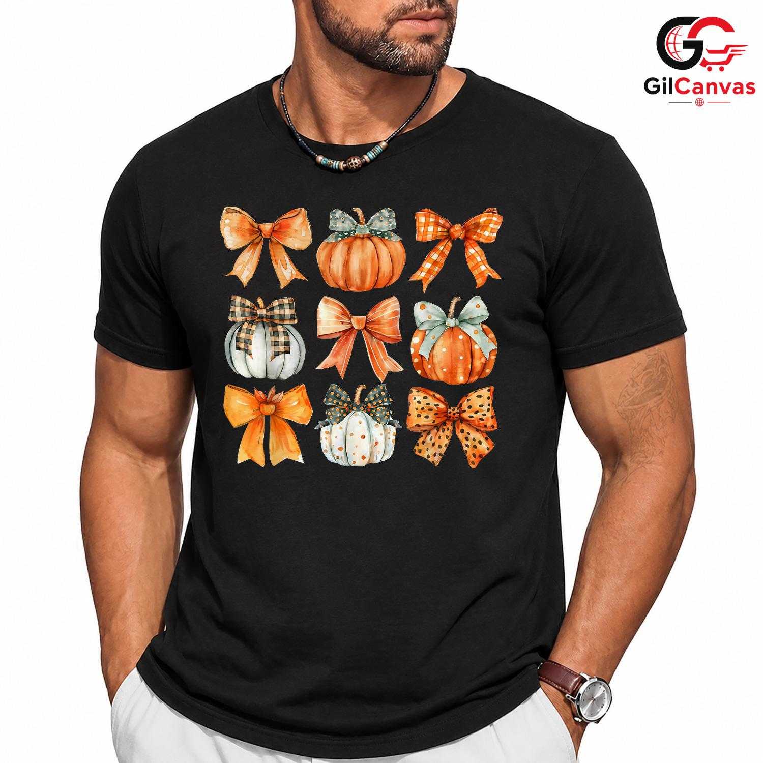 Cute Autumn Pumpkin Bow Fall T-Shirt Unisex Thanksgiving Plaid Harvest Gift