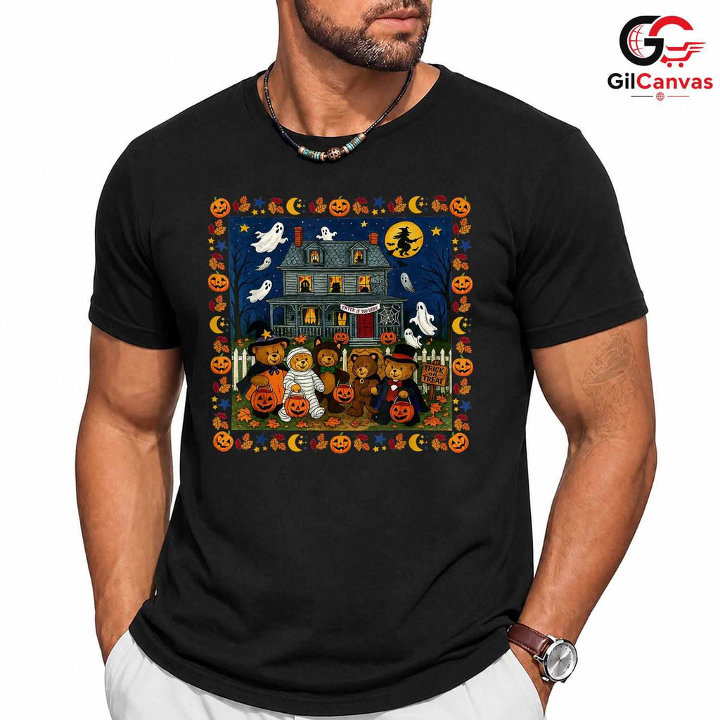 Cute Bear Pumpkin Fall Tee Shirt Unisex Spooky Halloween Gift Kids And Adults