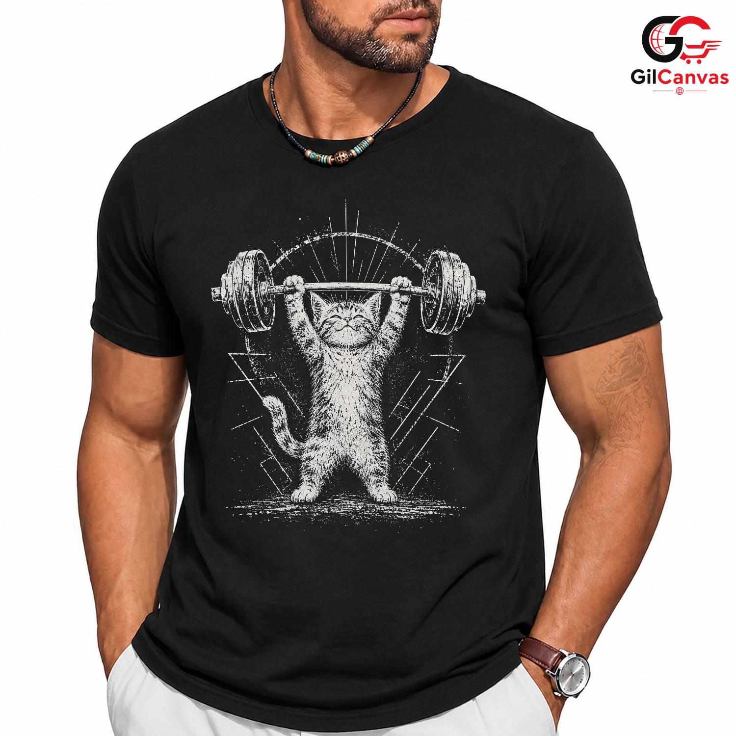 Cute Cat Barbell Workout T-Shirt Gym Fitness Lover Gift Unisex Graphic Apparel