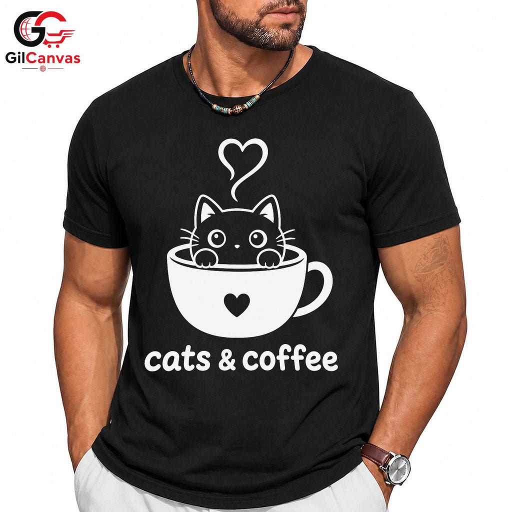 Cute Cat Coffee T-Shirt Feline Lover Perfect Occasion Custom Graphic Unisex