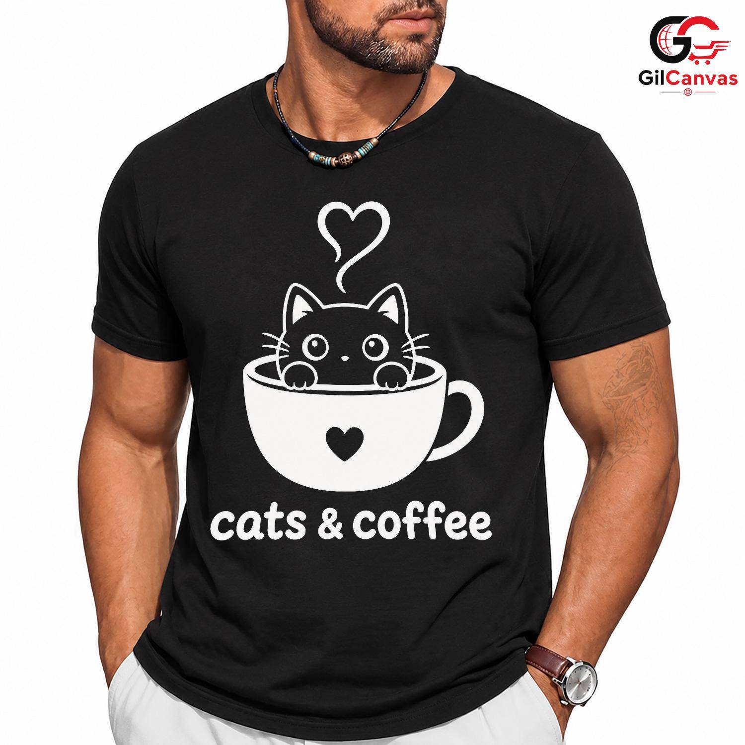 Cute Cat Coffee T-Shirt Feline Lover Perfect Occasion Custom Graphic Unisex