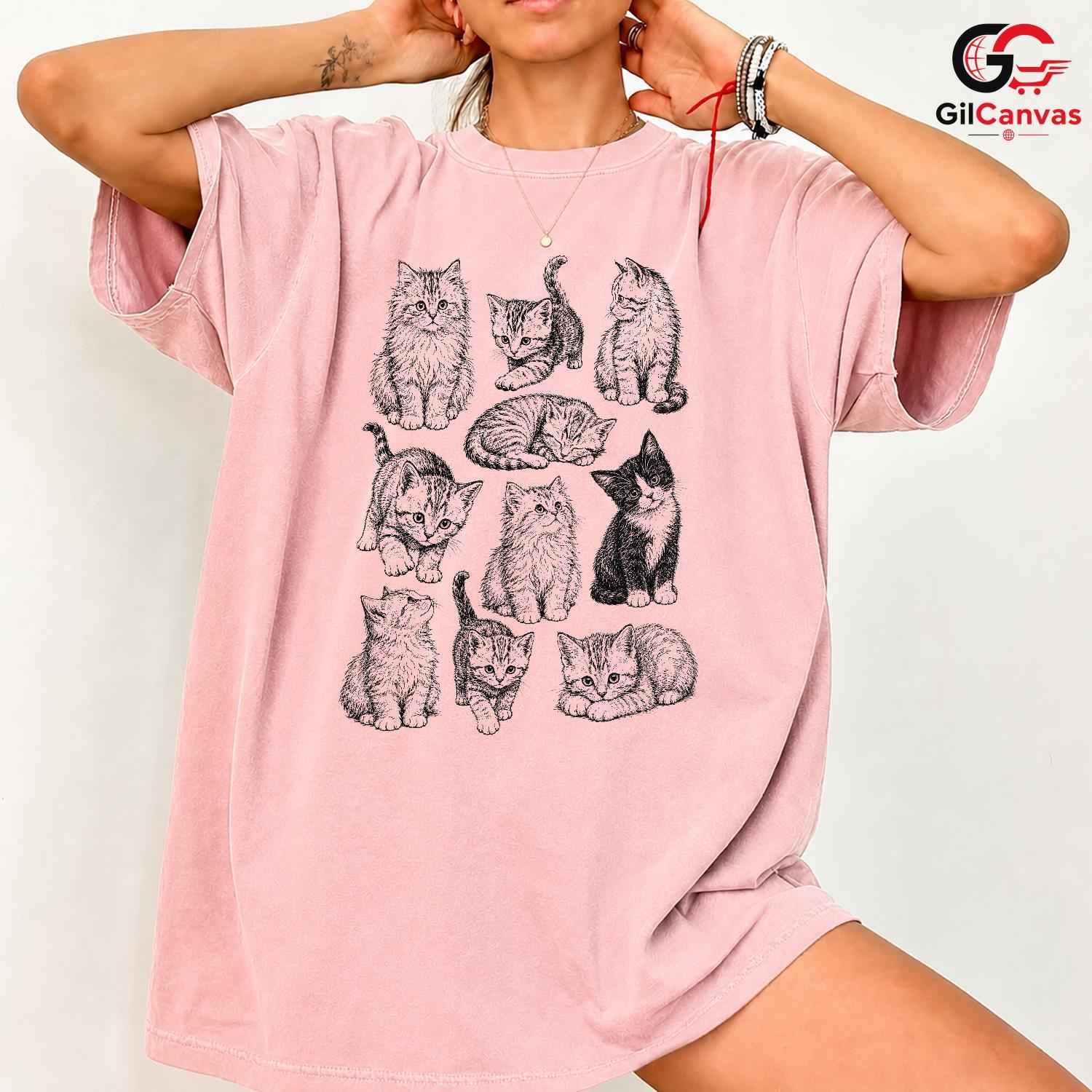 Cute Cat Illustration T-Shirt Feline Lover Perfect Gift Idea Women Men Shirt