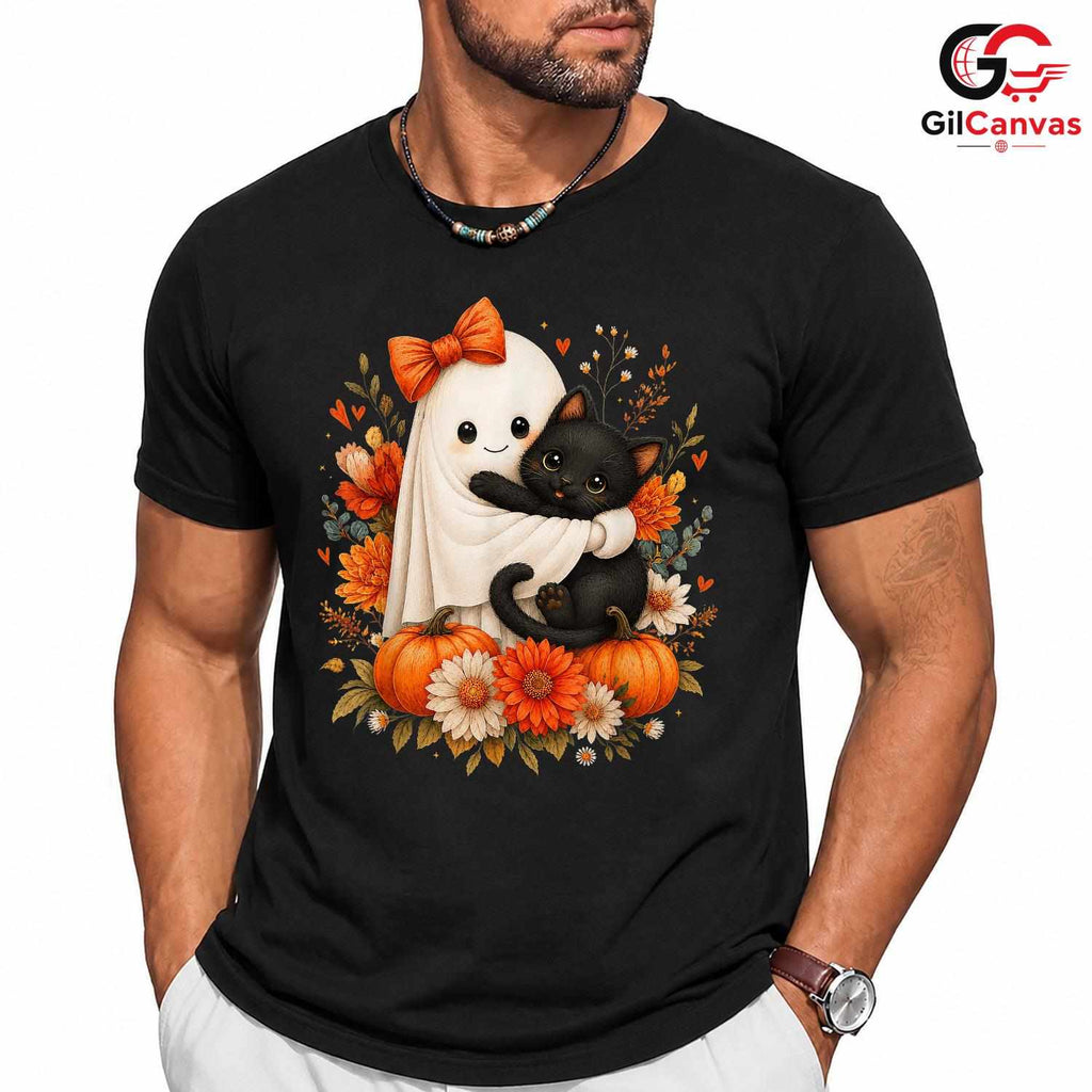 Cute Ghost And Cat Tee Shirt Unisex Fun Spooky Halloween Gift Idea For Kids