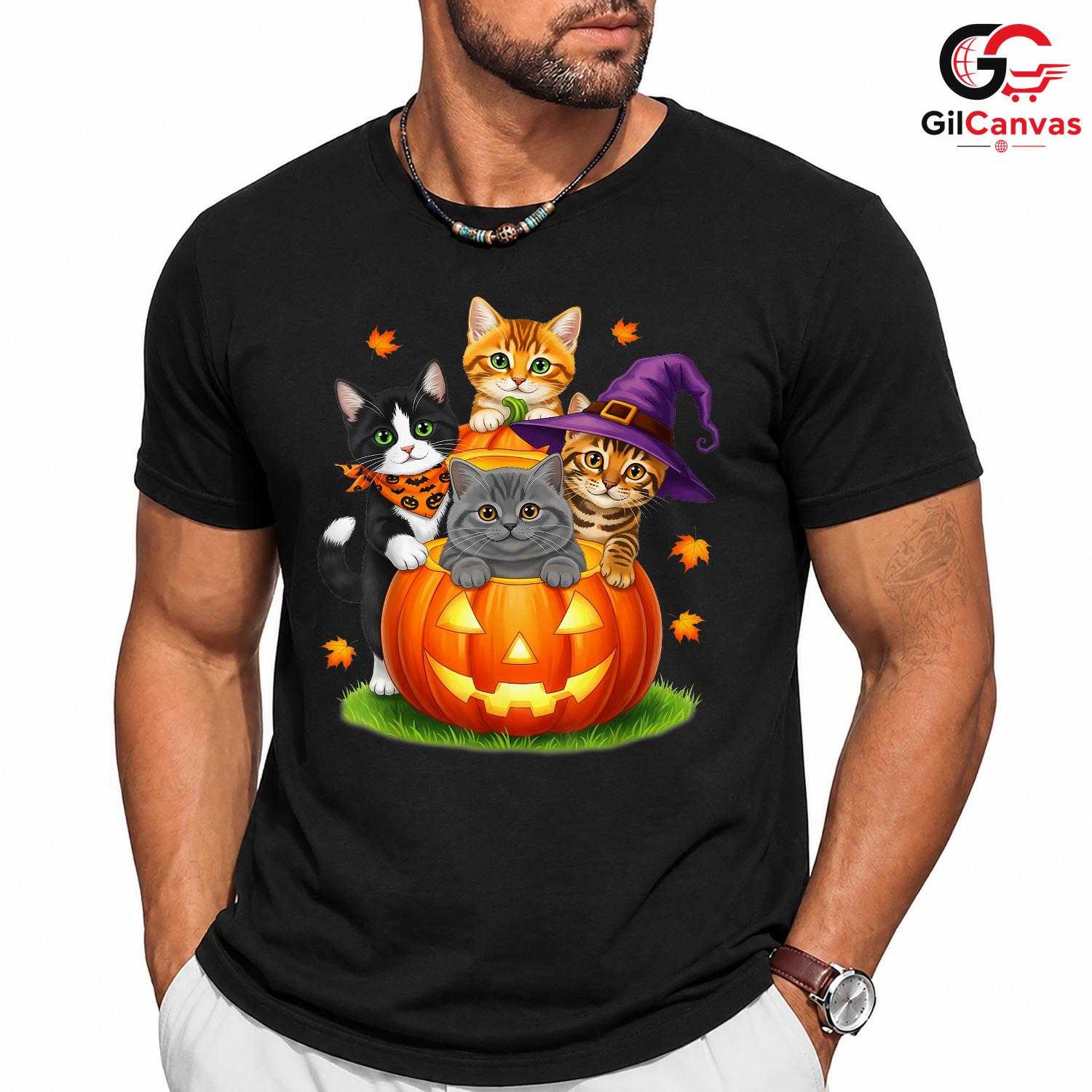 Cute Kitten Pumpkin Tee Shirt Unisex Fun Halloween Cat Lover Gift For Kids