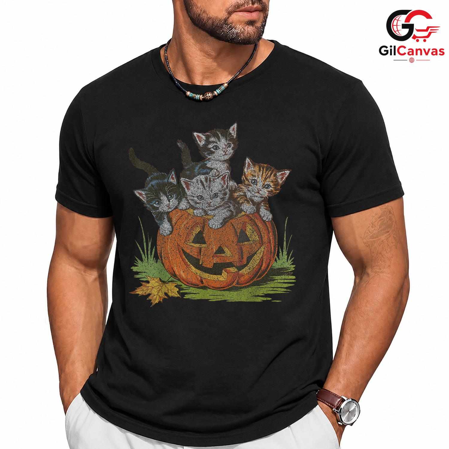 Cute Kitten Pumpkin Tee Shirt Unisex Halloween Cat Lover Gift Idea For Kids