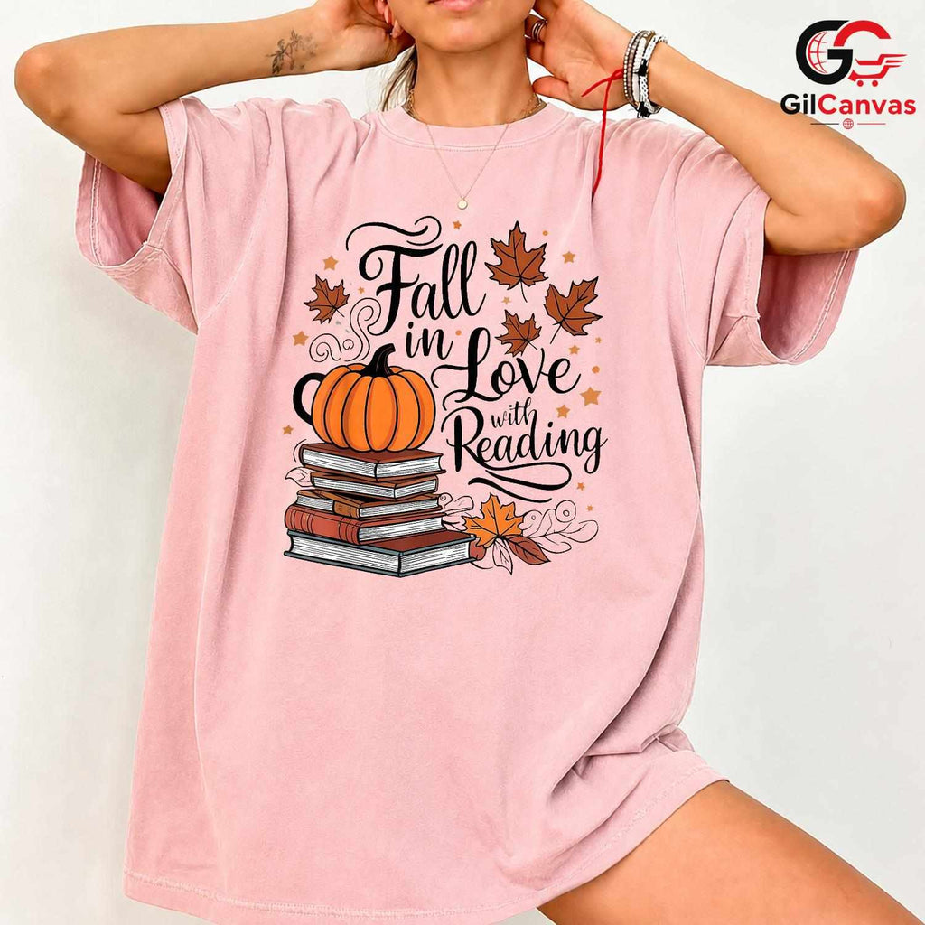 Fall In Love Reading Book Tee Unisex Cute Pumpkin Autumn Gift For Readers