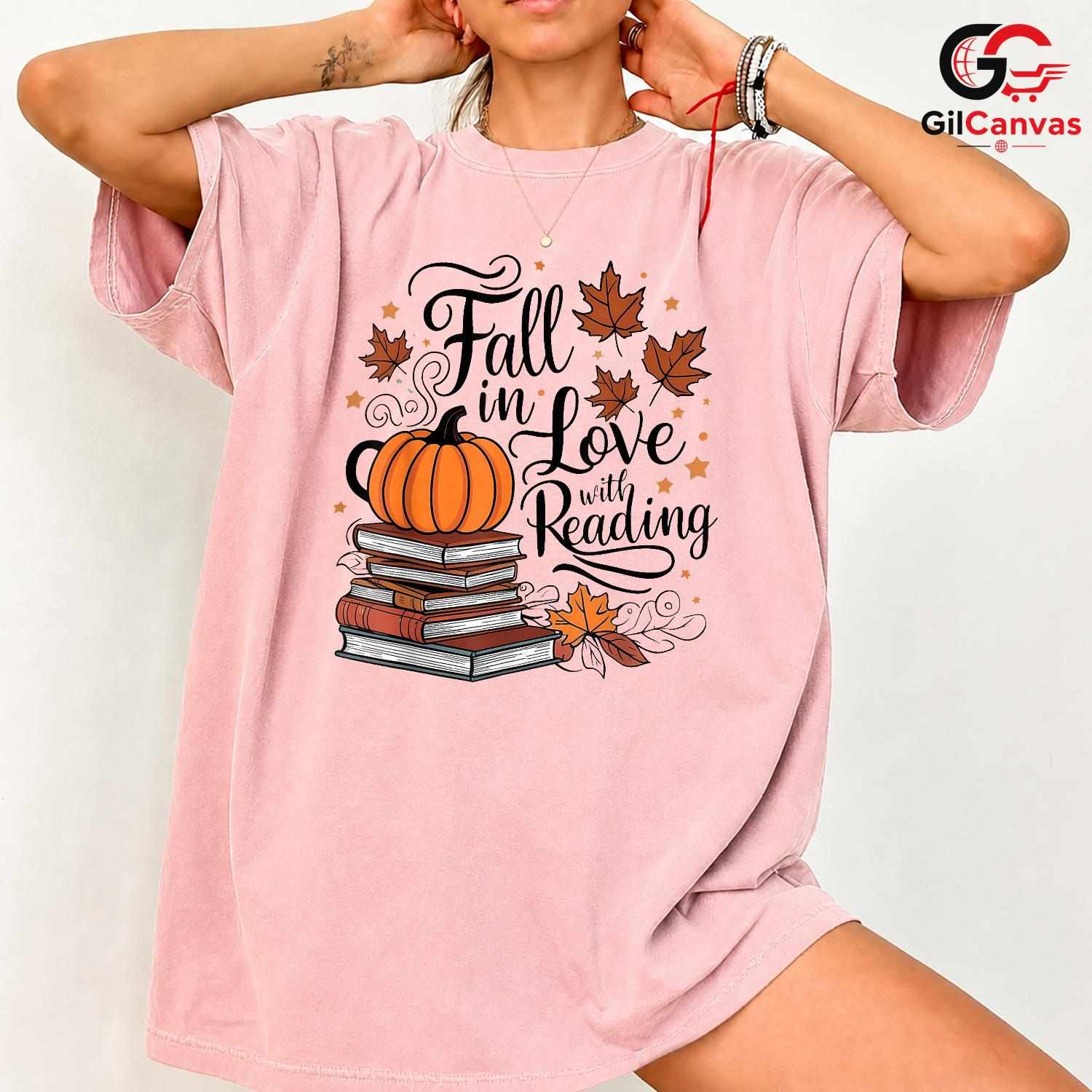 Fall In Love Reading Book Tee Unisex Cute Pumpkin Autumn Gift For Readers
