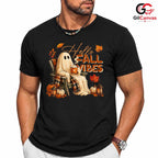 Fall Vibes Ghost Halloween Tee Unisex Spooky Autumn Lover Gift Kids Adults