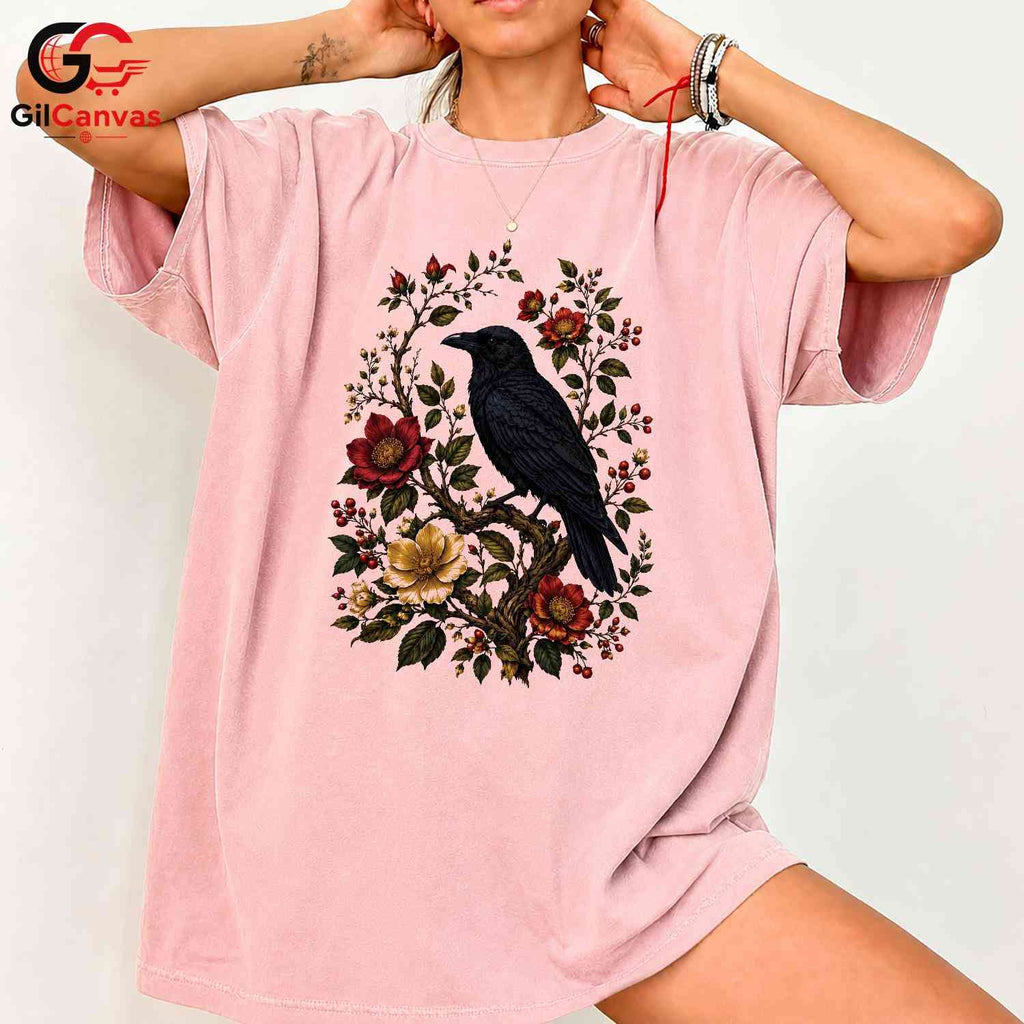 Floral Raven Art Halloween Tee Men Women Spooky Bird Design Nature Graphic Shirt