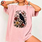 Floral Raven Art Halloween Tee Men Women Spooky Bird Design Nature Graphic Shirt