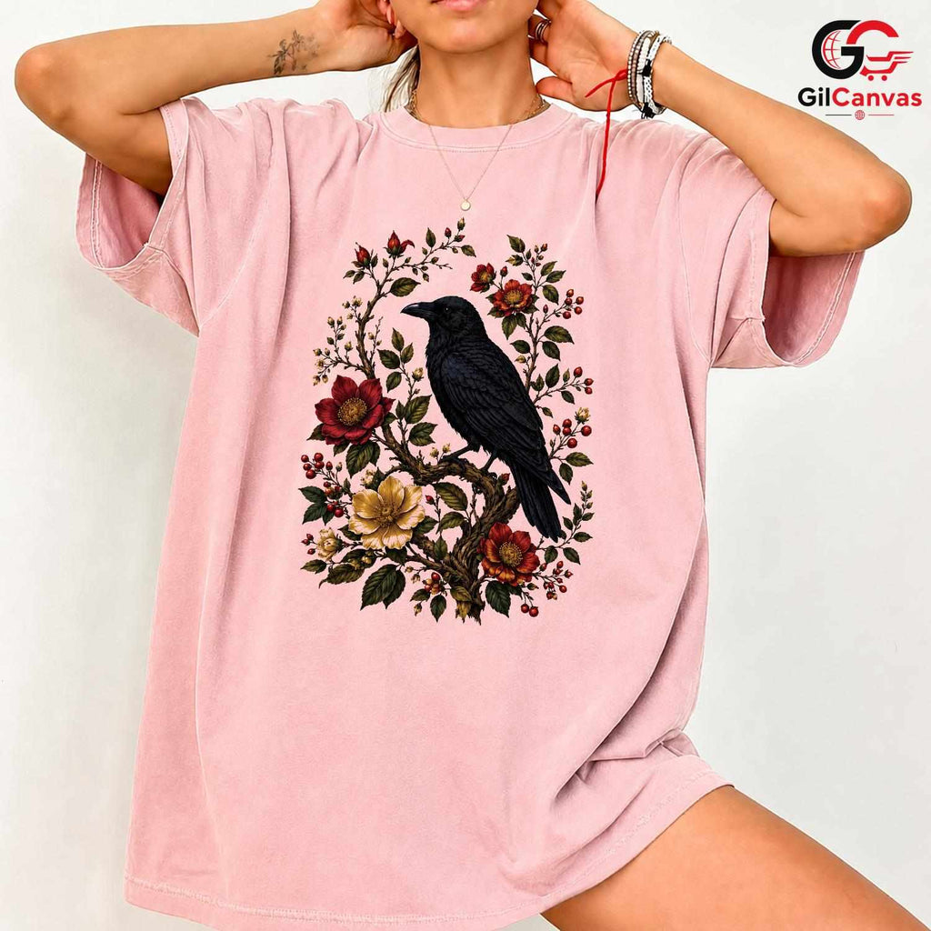 Floral Raven Art Halloween Tee Men Women Spooky Bird Design Nature Graphic Shirt