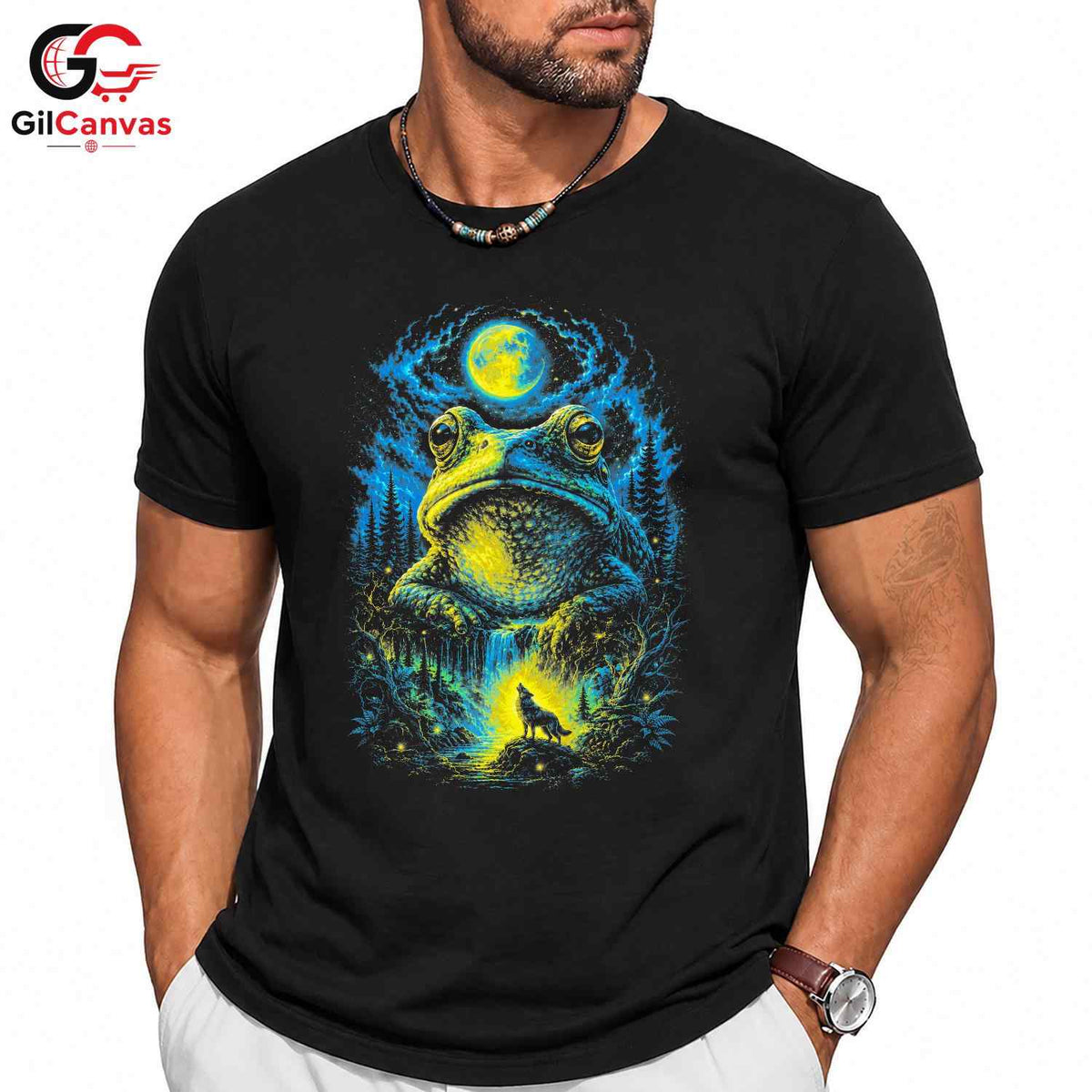 Forest Moon Frog T-Shirt Waterfall Design Halloween Graphic Men Women Apparel