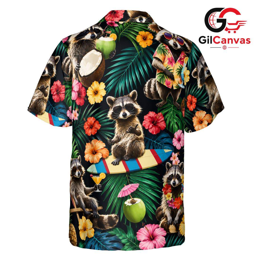 Funny Raccoon Island Critter Shirt, Mens Aloha Party Wear Summer Vacation