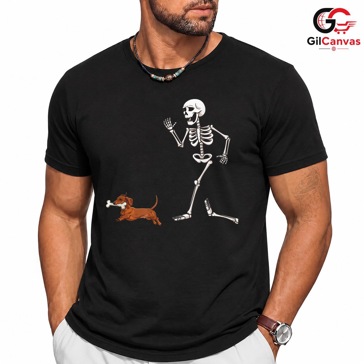 Funny Skeleton Dog Run Tee Shirt Unisex Spooky Halloween Pet Lover Gift Adults