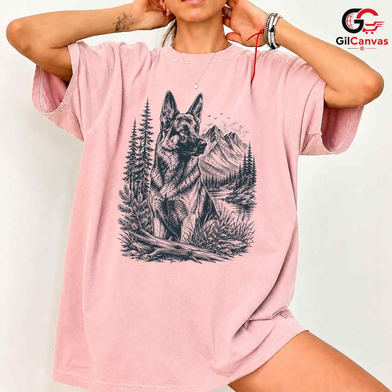 German Shepherd River T-Shirt Forest Nature Dog Lover Unisex Mountain Apparel Tee