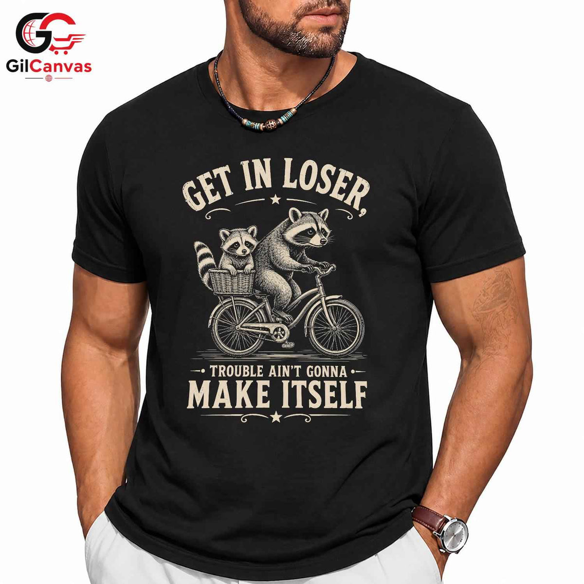 Get In Loser Raccoon T-Shirt Outdoor Adventure Humor Fun Graphic Unisex Tee
