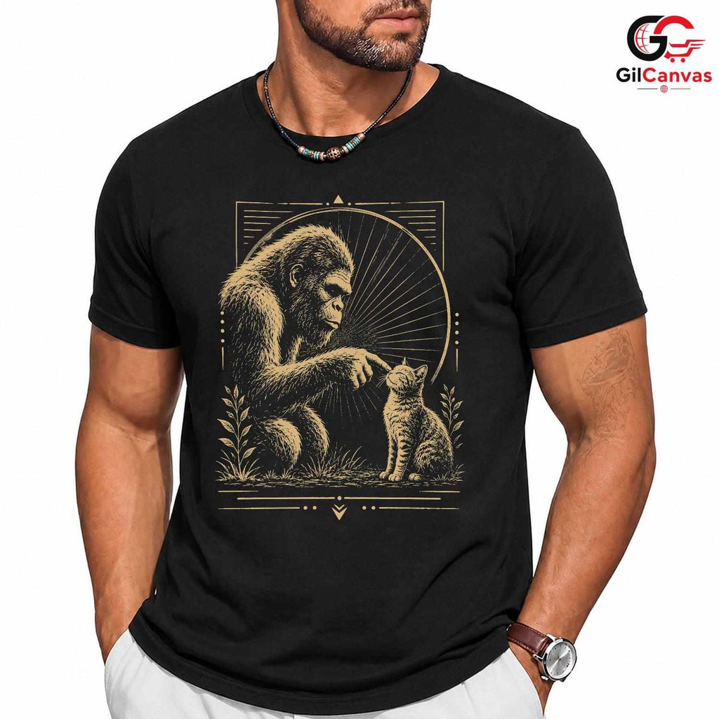 Gorilla Petting Cat Graphic T-Shirt Animal Nature Lover Unisex Casual Apparel