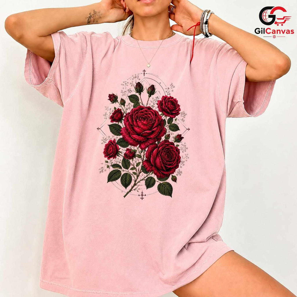Gothic Red Rose Botanical T-Shirt Aesthetic Floral Art Unisex Graphic Apparel