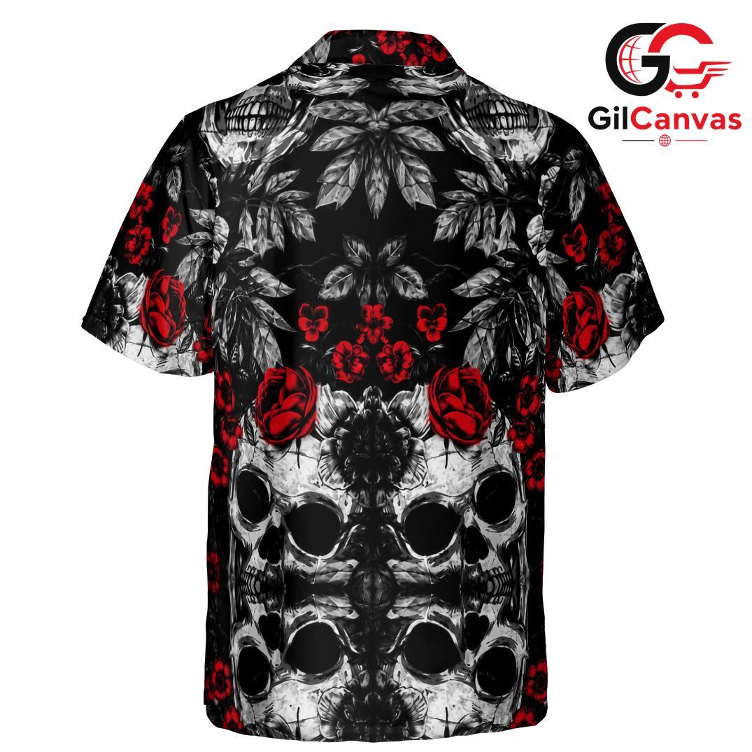 Gothic Skull Red Rose Aloha Shirt, Edgy Unisex Tropical Wear For Halloween
