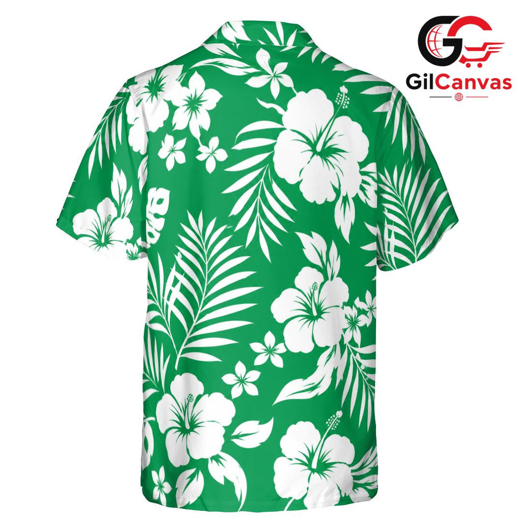 Green White Hibiscus Aloha Tee, Premium Unisex Resort Beach Wear Summer Vacation
