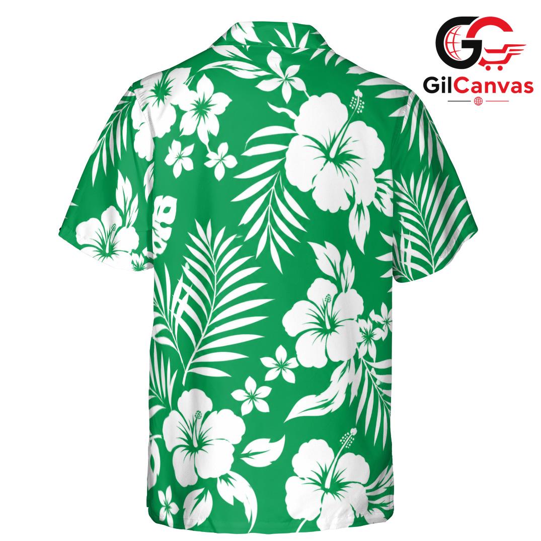 Green White Hibiscus Aloha Tee, Premium Unisex Resort Beach Wear Summer Vacation