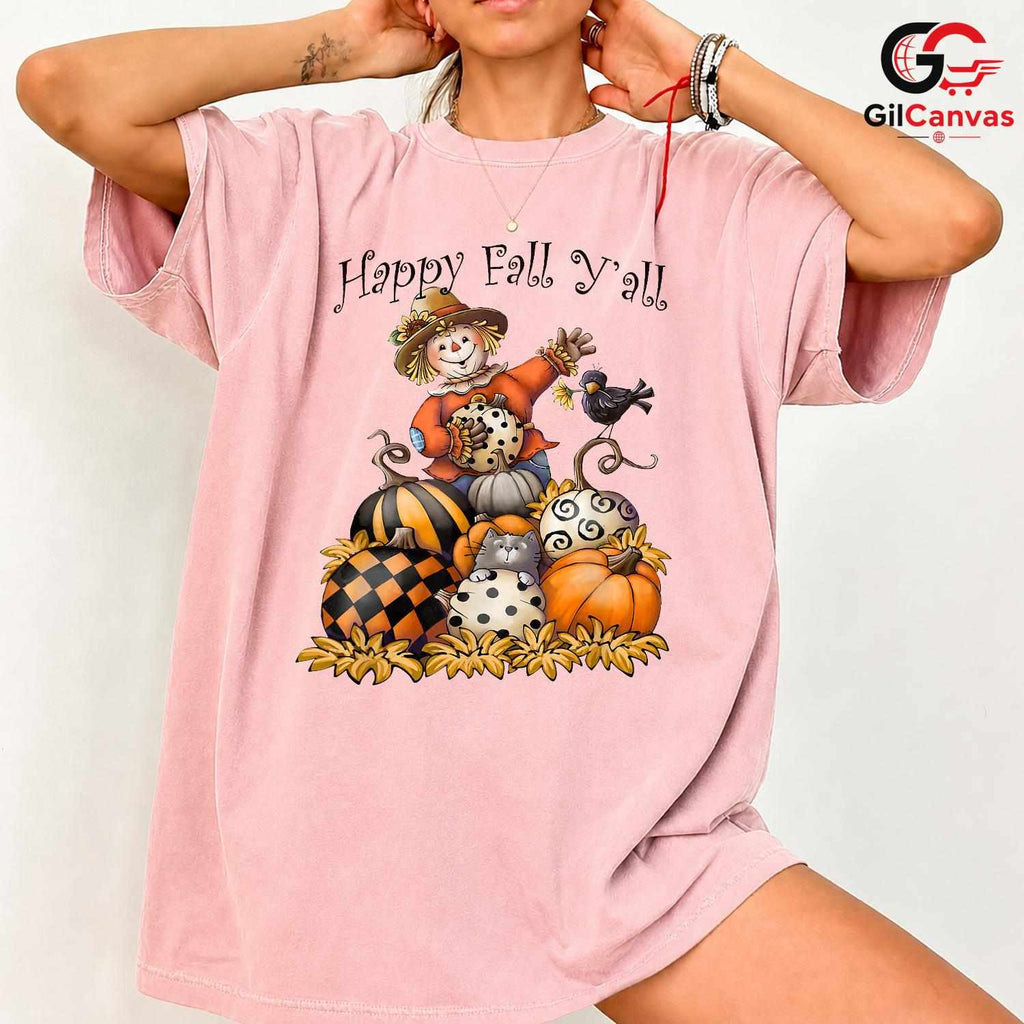 Happy Fall Yall Scarecrow Tee Unisex Cute Autumn Pumpkin Gift Kids Youth