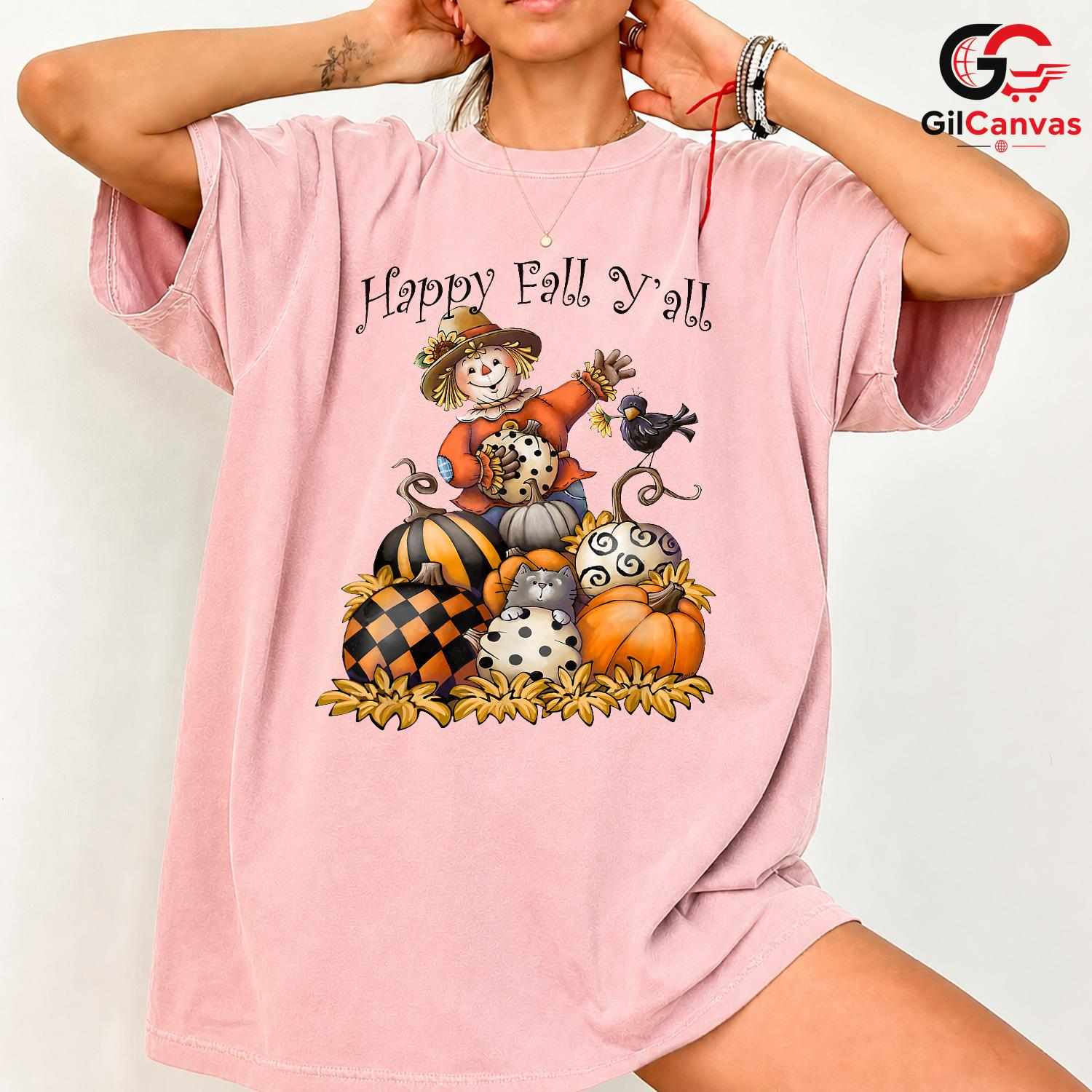 Happy Fall Yall Scarecrow Tee Unisex Cute Autumn Pumpkin Gift Kids Youth