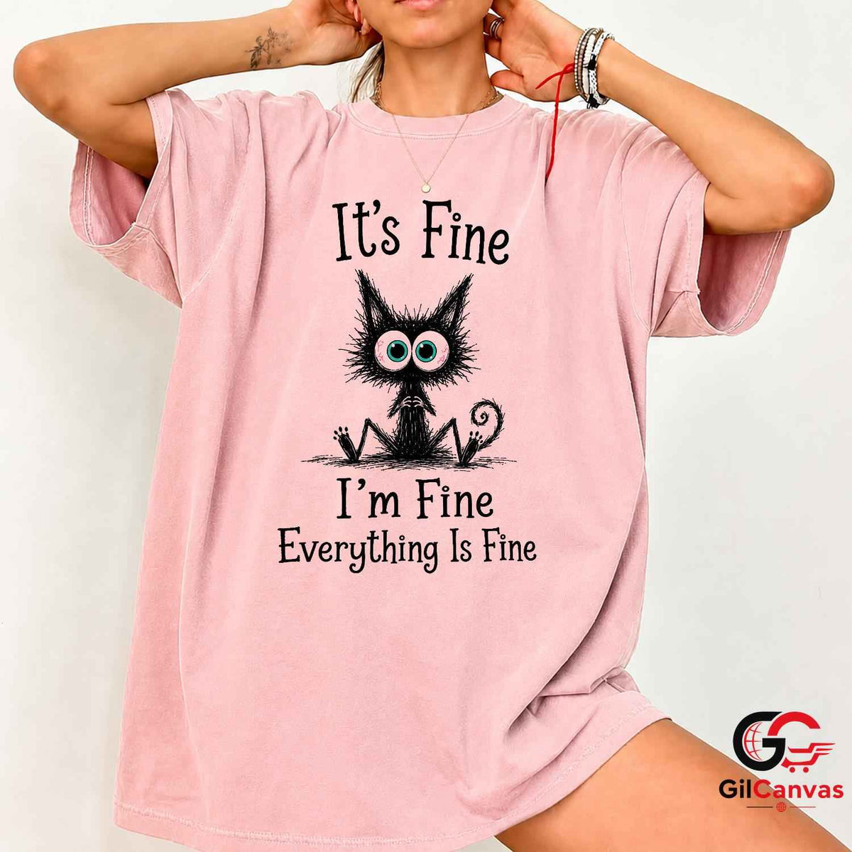 Its Fine Im Fine Anxious Cat T-Shirt Sarcastic Humor Unisex Graphic Apparel Tee