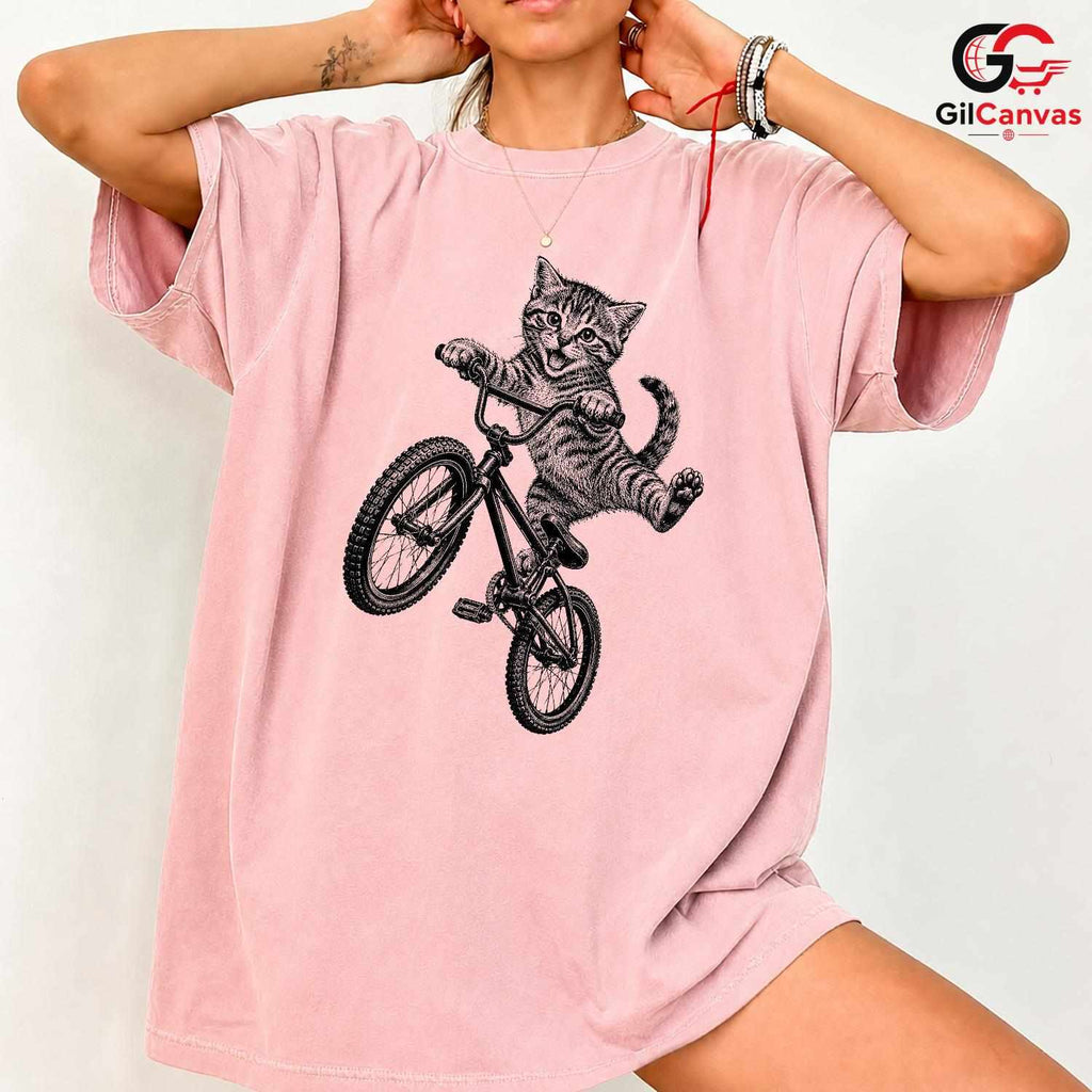 Kitten BMX Bike Rider T-Shirt Happy Tabby Cat Unisex Pet Lover Casual Gift Tee