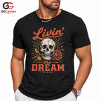 Living The Dream Skull Tee Gothic Style Halloween Casual Wear Unisex Apparel