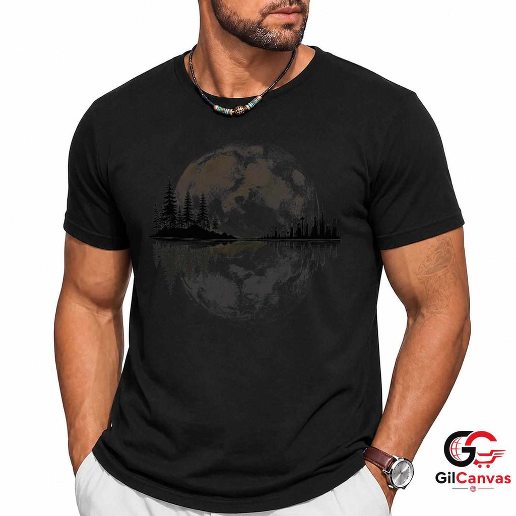 Moonlit City Forest Skyline T-Shirt Scenic Night Sky Unisex Graphic Apparel Tee