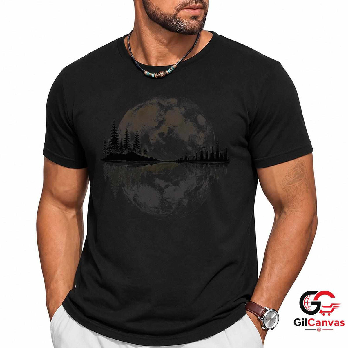Moonlit City Forest Skyline T-Shirt Scenic Night Sky Unisex Graphic Apparel Tee