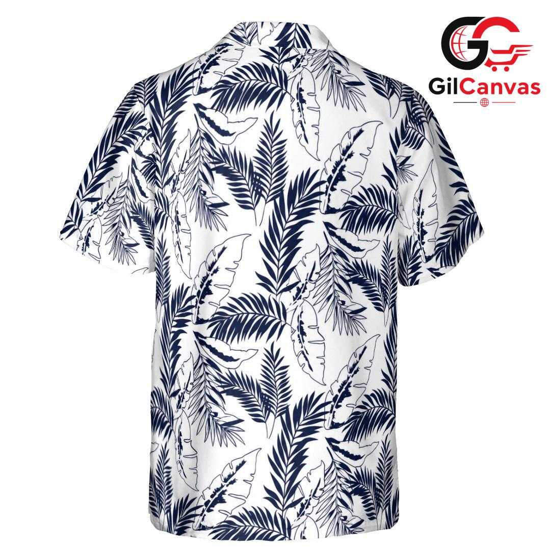 Navy Blue Palm Leaf Aloha Tee, Premium Unisex Resort Style Summer Beach Vacation