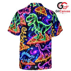 Neon Galaxy Pizza Dinosaur Tee, Vibrant Funny Unisex Aloha Summer Party Wear