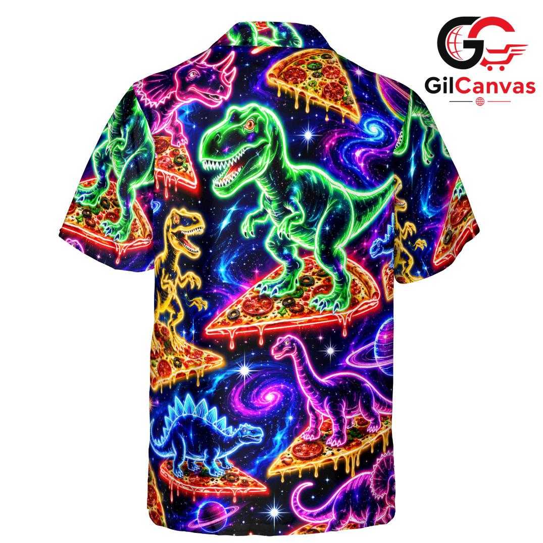 Neon Galaxy Pizza Dinosaur Tee, Vibrant Funny Unisex Aloha Summer Party Wear