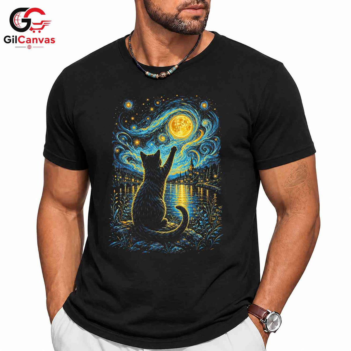 Night Sky Cat Graphic T-Shirt Moon Stars Design Perfect Gift Women Men Shirt