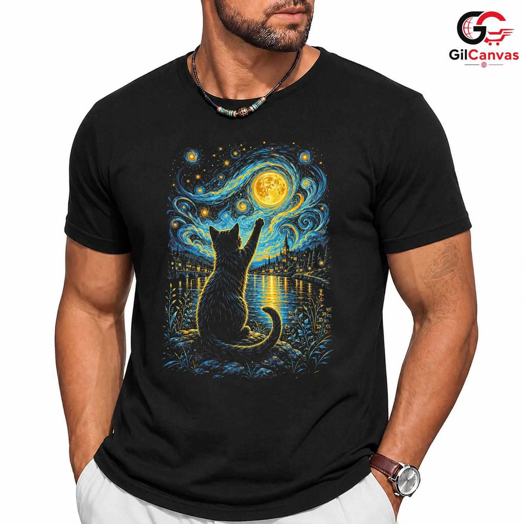 Night Sky Cat Graphic T-Shirt Moon Stars Design Perfect Gift Women Men Shirt