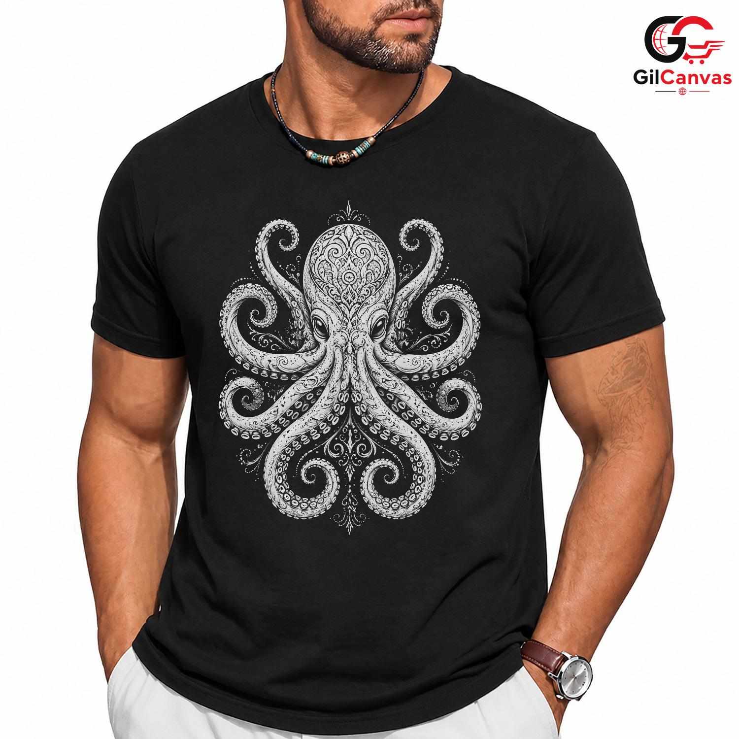 Ornate Tribal Octopus T-Shirt Marine Life Nautical Unisex Cephalopod Gift Tee