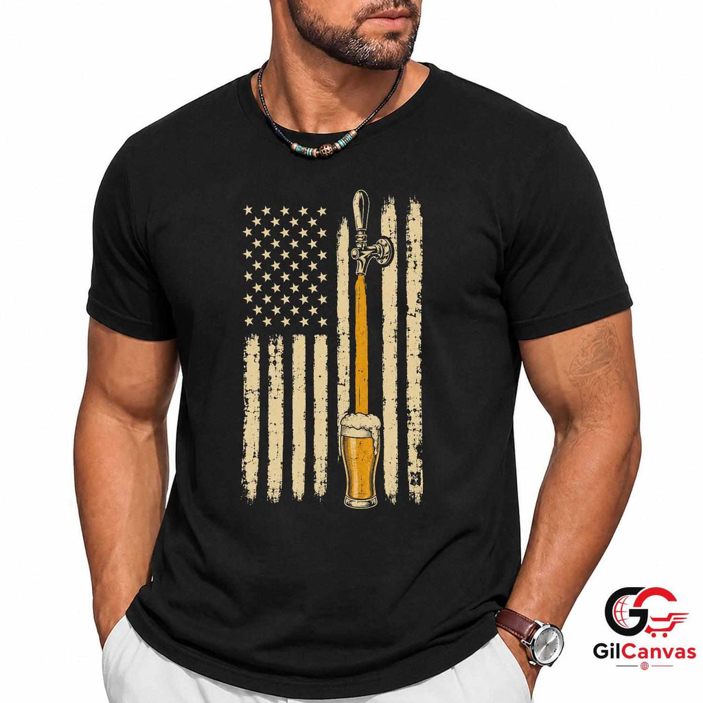 Patriotic Beer Drinking Flag T-Shirt Independence Day Unisex Graphic Apparel Tee