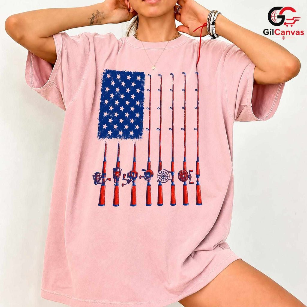Patriotic Fishing Rod Flag T-Shirt Fourth Of July Angler Unisex Graphic Apparel