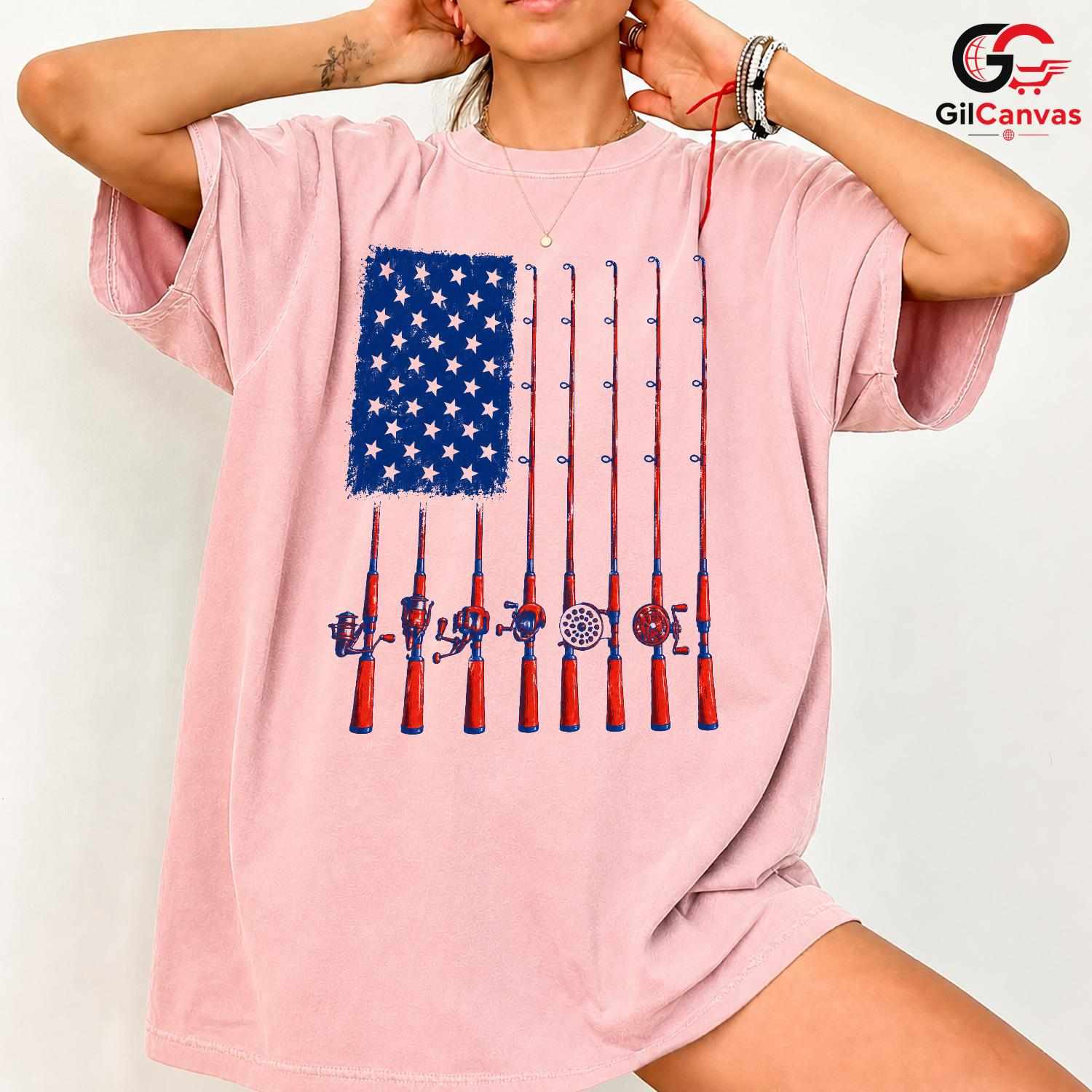 Patriotic Fishing Rod Flag T-Shirt Fourth Of July Angler Unisex Graphic Apparel