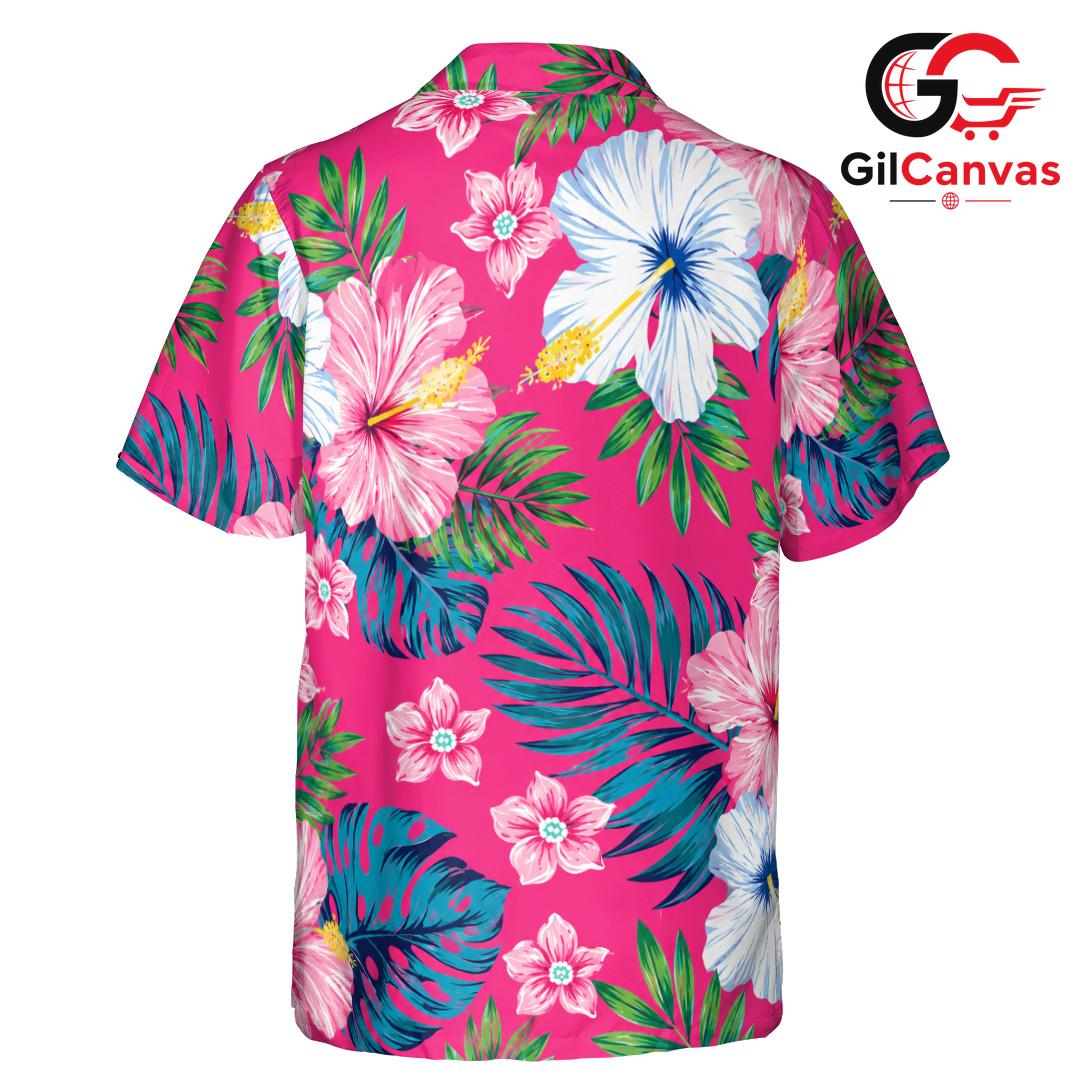 Pink Hibiscus Floral Beach Shirt, Mens Aloha Summer Vacation Tropical Wear