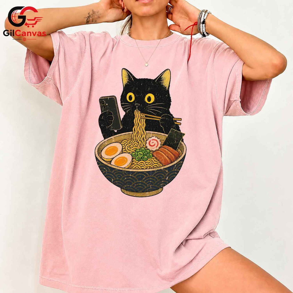 Ramen Eating Cat T-Shirt Cute Custom Design Feline Lover Gift Unisex Apparel