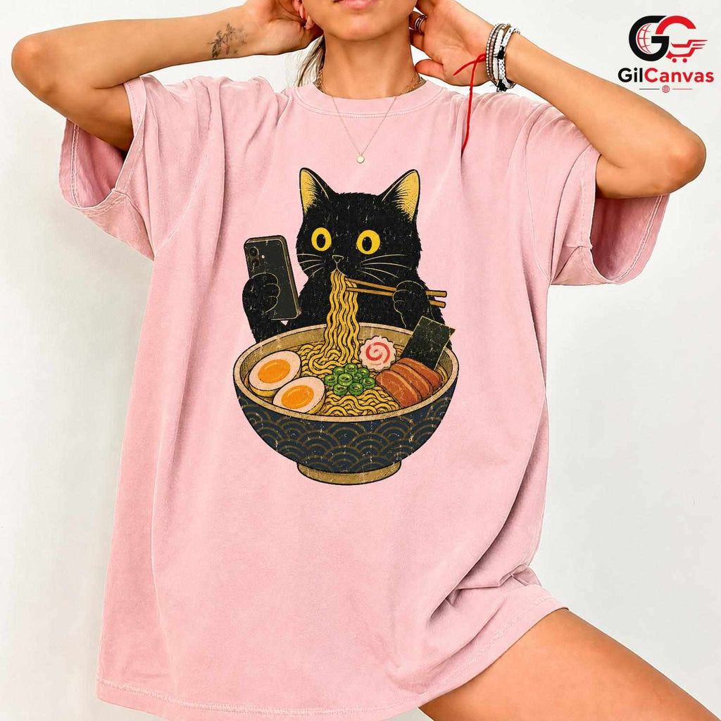 Ramen Eating Cat T-Shirt Cute Custom Design Feline Lover Gift Unisex Apparel