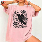 Raven Drinking Coffee T-Shirt Men Women Halloween Stylish Graphic Custom Shirt