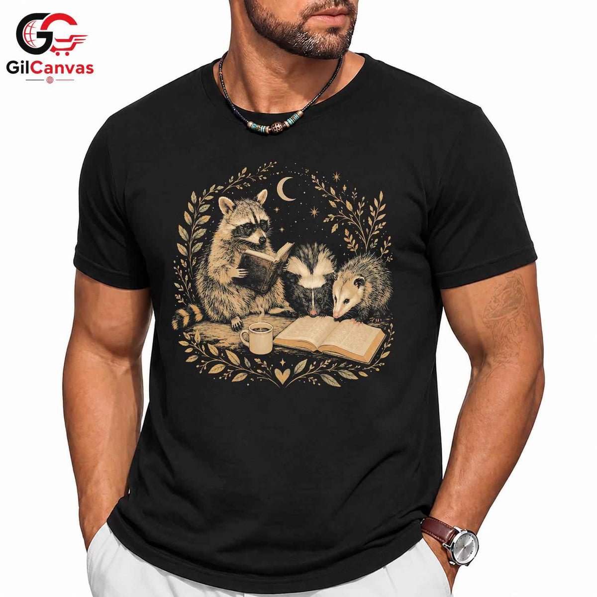 Reading Animals T-Shirt Unisex Book Lover Cute Raccoon Skunk Graphic Apparel