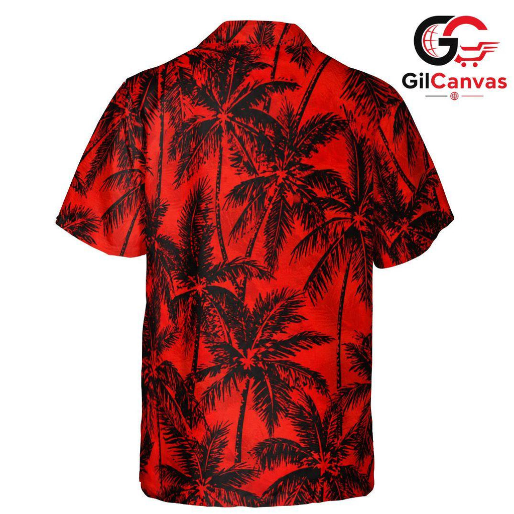 Red Black Palm Tree Aloha Shirt, Mens Tropical Beach Summer Vacation Wear