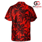 Red Black Palm Tree Aloha Shirt, Mens Tropical Beach Summer Vacation Wear