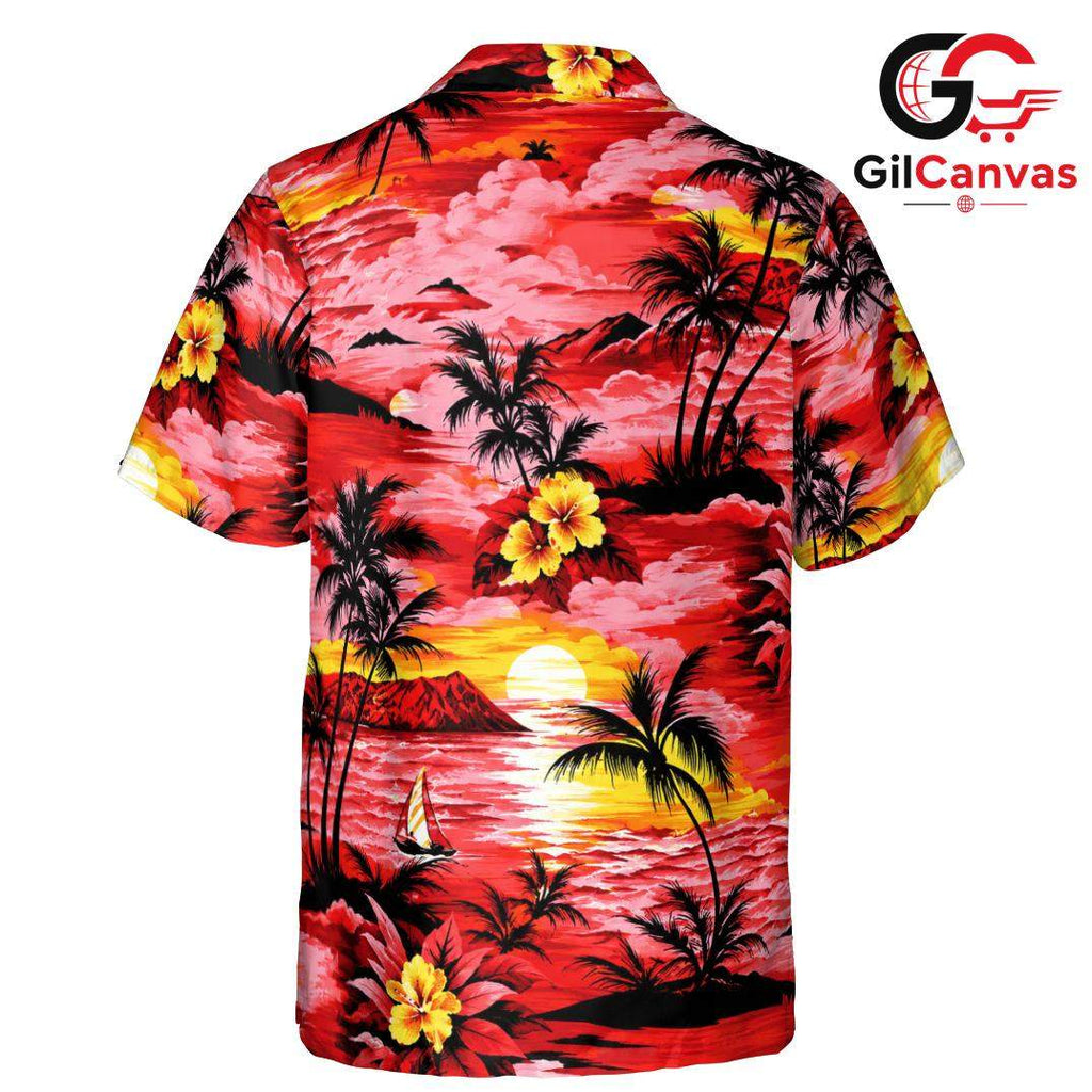 Red Tropical Hibiscus Palm Shirt, Unisex Beach Cruise Wear Summer Vacation