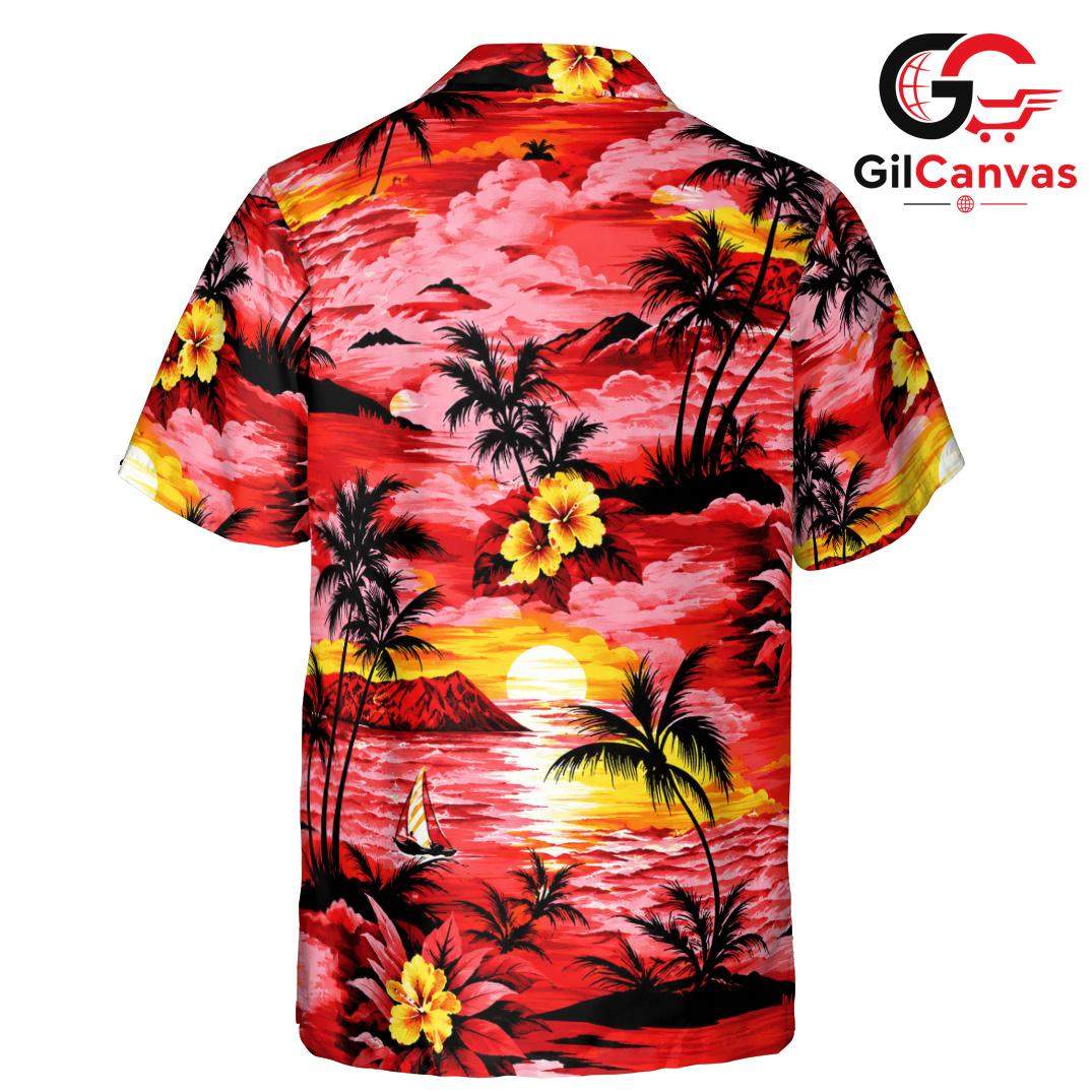 Red Tropical Hibiscus Palm Shirt, Unisex Beach Cruise Wear Summer Vacation